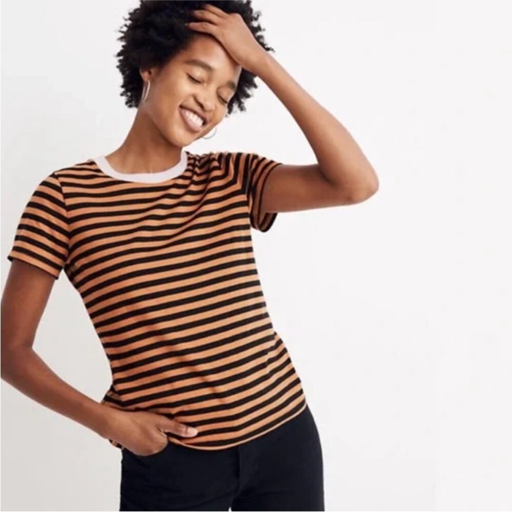 Madewell Black and Orange/Brown Striped Tee size XS 100% cotton